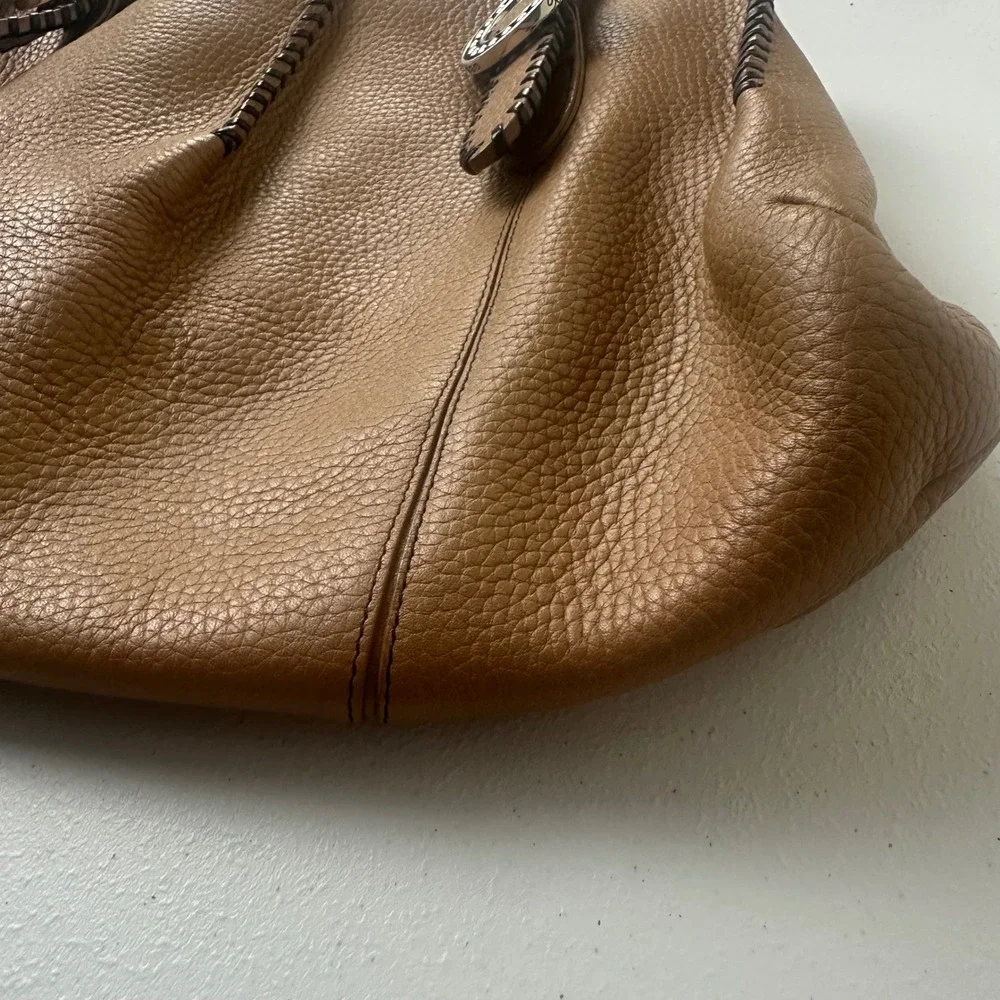 Brighton Shoulder Bag Womens Medium Tan Leather Whipstitch Silver Hardware Boho